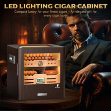 Load image into Gallery viewer, XIFEI Cigar Humidor Cabinet Holds Up to 100 Cigars, Glass Top &amp; Adjustable LED Lighting, Digital Hygrometer, 2 Humidifiers, Cigar Tube, Desktop Cedar Wood Humidor with Accessory Drawer
