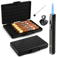 Load image into Gallery viewer, XIFEI Travel Cigar Case with Cigar Lighter, Aluminum Alloy Cigar Humidor, Single Flame Torch Lighter with Cigar Punch, Cigar Draw Enhancer, Holds up to 5 Cigars Gift Set
