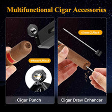 Load image into Gallery viewer, XIFEI Travel Cigar Case with Cigar Lighter, Aluminum Alloy Cigar Humidor, Single Flame Torch Lighter with Cigar Punch, Cigar Draw Enhancer, Holds up to 5 Cigars Gift Set
