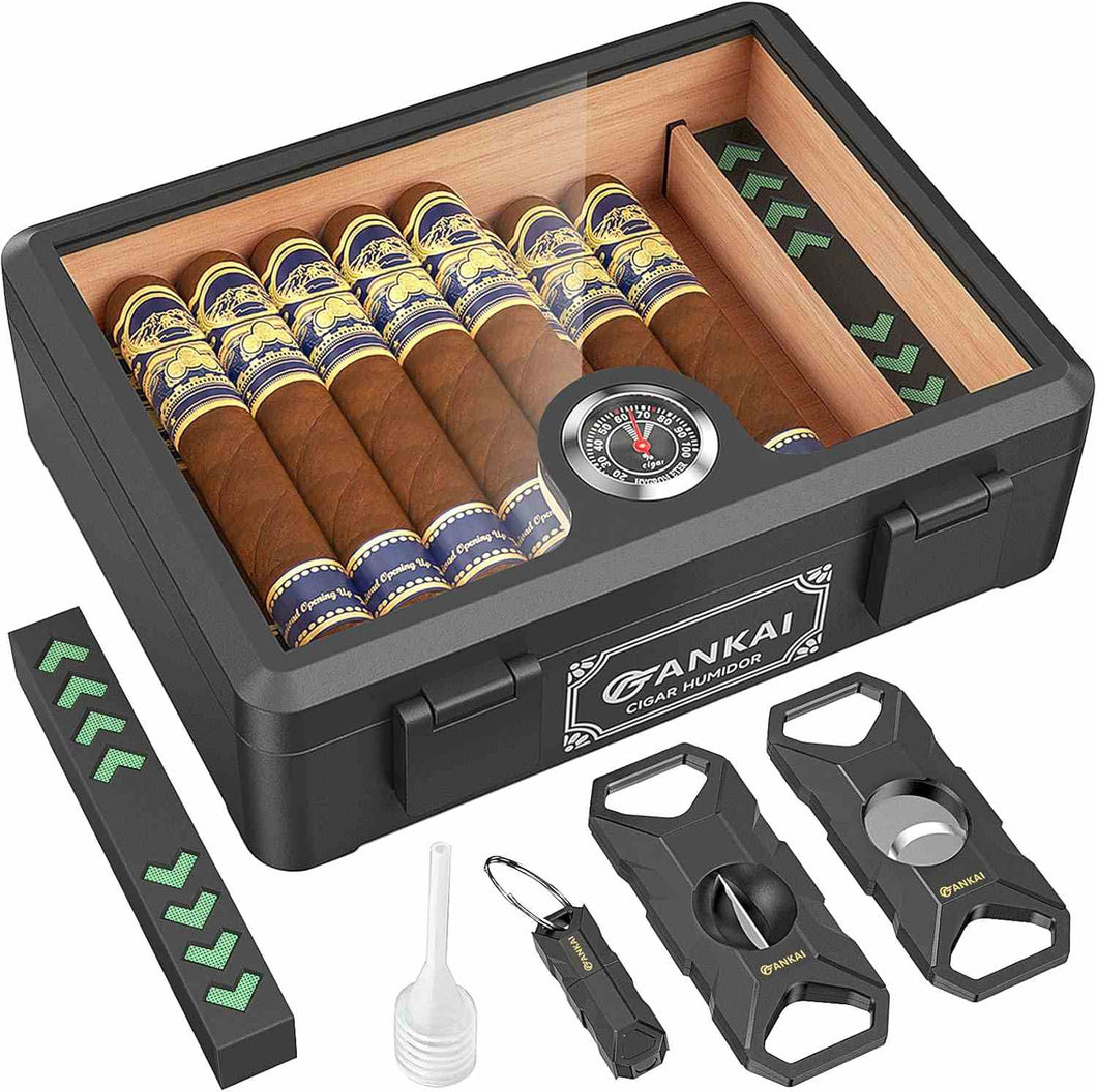 FANKAI Cigar Humidor, Full Glass Top Cigar Case with Humidifier and Hygrometer, Cedar Wood Lining Storage Box with Divider for 20-25 Cigars
