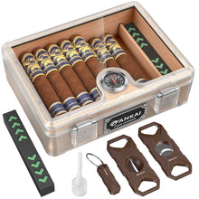 Load image into Gallery viewer, FANKAI Cigar Humidor, Full Glass Top Cigar Case with Humidifier and Hygrometer, Cedar Wood Lining Storage Box with Divider for 20-25 Cigars
