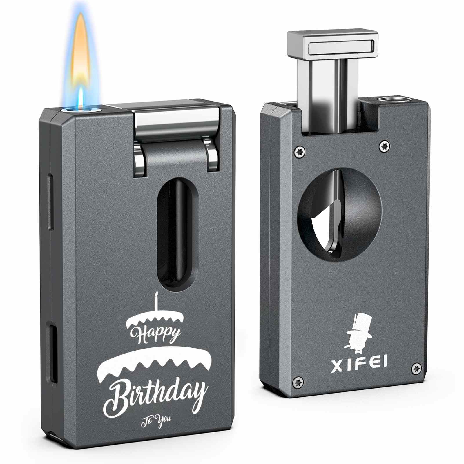 air fryer cigarette lighter XIFEI 3-in-1 Cigar Pipe Lighter, Soft & Jet Flame, Windproof Adjustable Butane Lighter with Cigar V Cutter & Punch, Personalized Gift for Christmas,