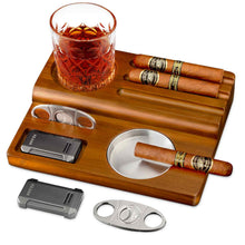 Load image into Gallery viewer, KEJIAR Cigar Ashtray Kit, Wooden Base with Removable Ashtray Suitable for Indoor and Outdoor Use, Flat Flame Lighter, Guillotine Cigar Cutter

