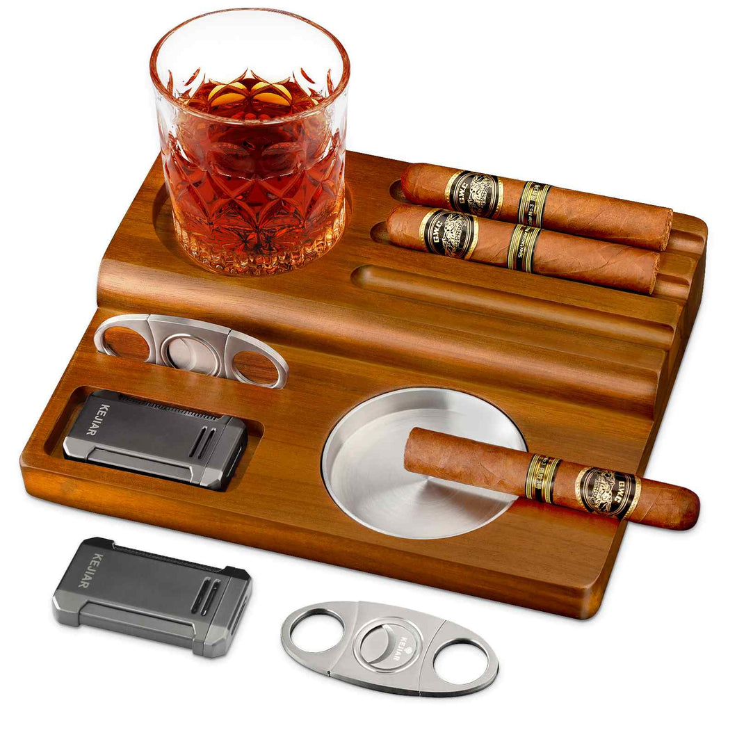 KEJIAR Cigar Ashtray Kit, Wooden Base with Removable Ashtray Suitable for Indoor and Outdoor Use, Flat Flame Lighter, Guillotine Cigar Cutter