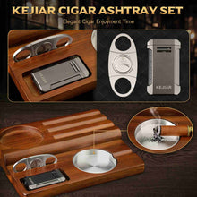 Load image into Gallery viewer, KEJIAR Cigar Ashtray Kit, Wooden Base with Removable Ashtray Suitable for Indoor and Outdoor Use, Flat Flame Lighter, Guillotine Cigar Cutter
