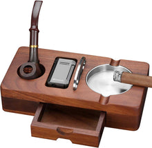 Load image into Gallery viewer, FANKAI Cigar Ashtray Set, Wooden Ash Tray with Accessories Drawer, Refillable Cigar Lighter with Punch, Stainless Steel Guillotine Cutter, Smoking Pipe, 3 Cigar Stands
