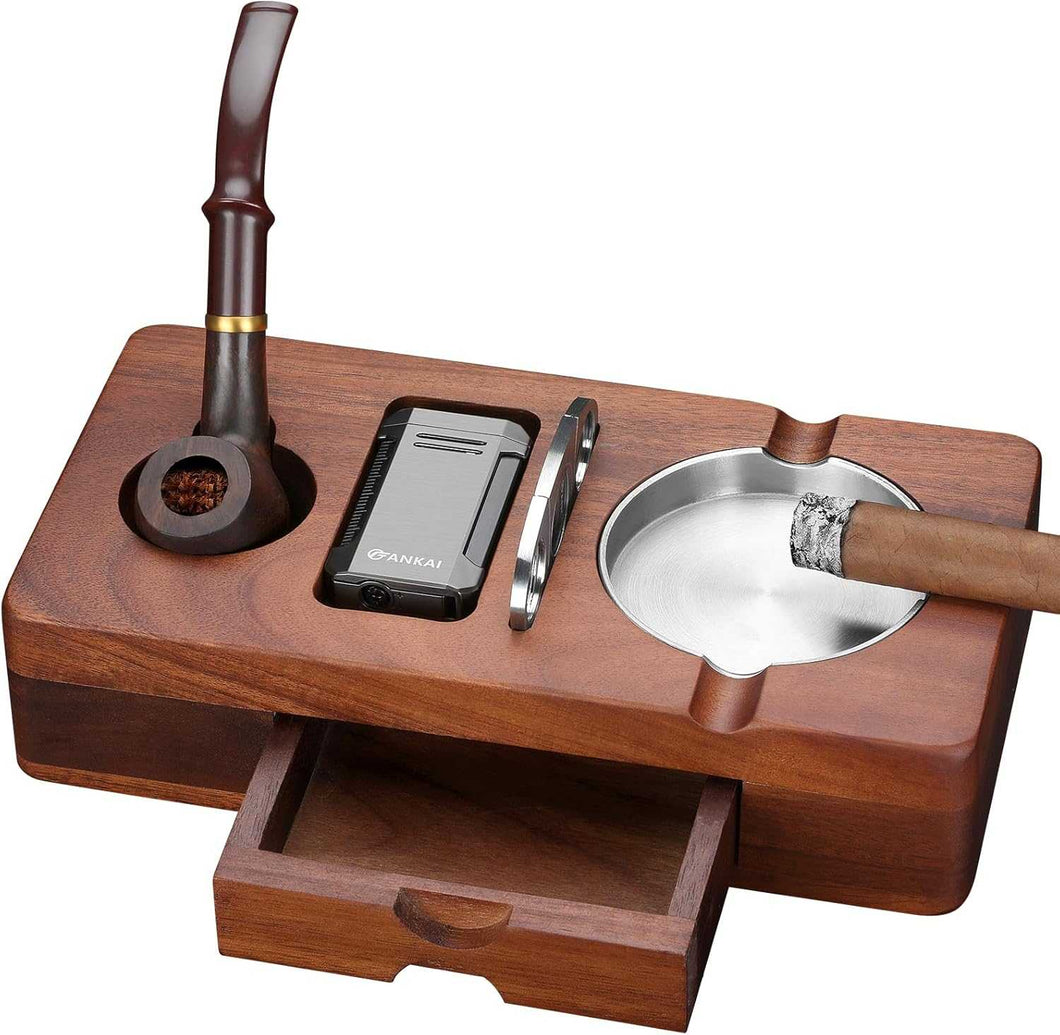 FANKAI Cigar Ashtray Set, Wooden Ash Tray with Accessories Drawer, Refillable Cigar Lighter with Punch, Stainless Steel Guillotine Cutter, Smoking Pipe, 3 Cigar Stands