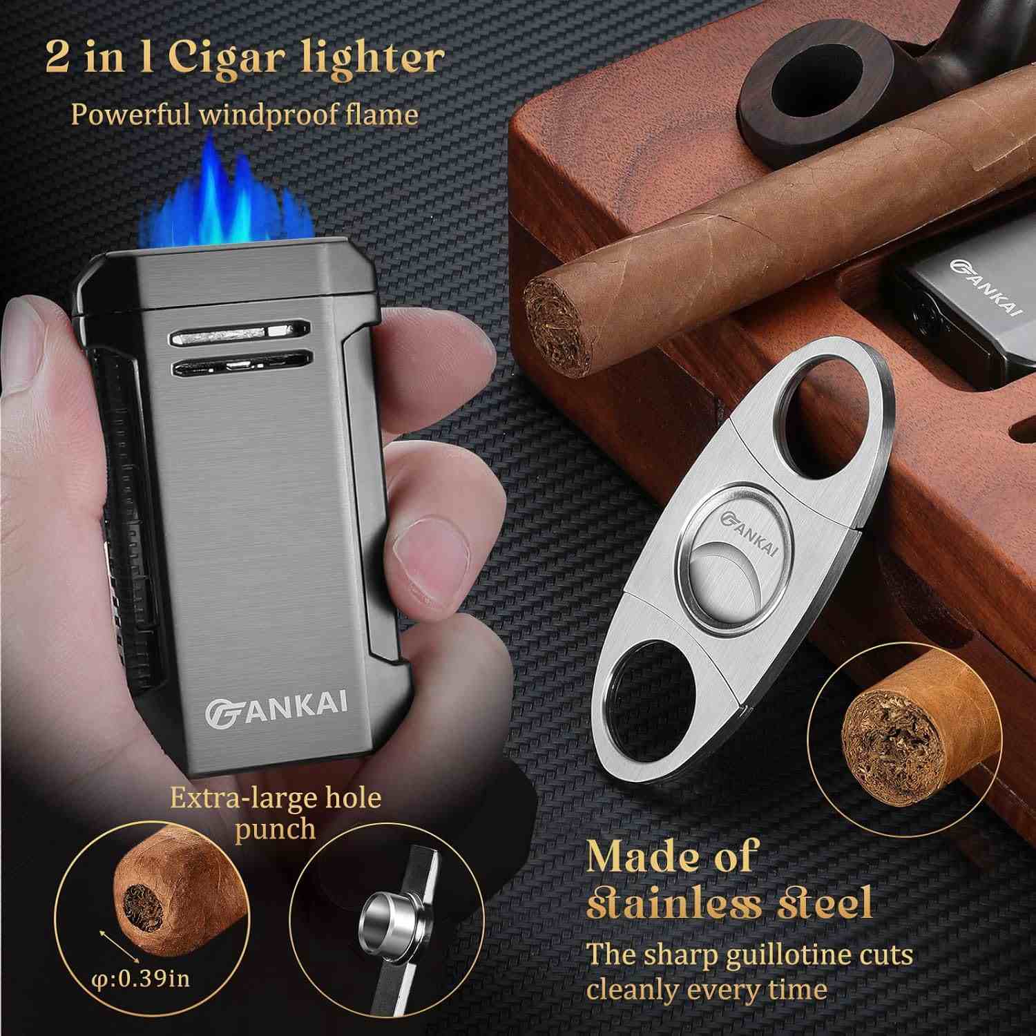 cigarette lighter and ashtray set FANKAI Cigar Ashtray Set, Wooden Ash Tray with Accessories Drawer,  Refillable Cigar Lighter with Punch, Stainless Steel Guillotine Cutter,  Smoking