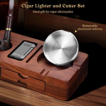 Load image into Gallery viewer, FANKAI Cigar Ashtray Set, Wooden Ash Tray with Accessories Drawer, Refillable Cigar Lighter with Punch, Stainless Steel Guillotine Cutter, Smoking Pipe, 3 Cigar Stands
