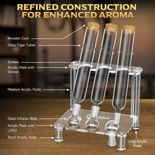Load image into Gallery viewer, LIHTUN Cigar Flavoring Tube Set for 3 Cigars, Borosilicate Glass Tubes, Balls and Acrylic Stand, Portable Cigar Humidor Gift Set for Flavor Mellowing, Storage and Display

