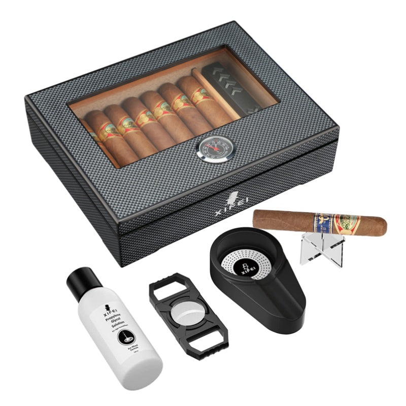 XIFEI Cigar Humidor, Glass Top carbon fiber texture top inlay Hygrometer,including Cigar humidifier, acrylic Cigar stand,Cigar ashtray and Humidor Solution, Holds 20-30 Cigars (9IN*7.5*2.8)