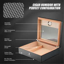Load image into Gallery viewer, XIFEI Cigar Humidor, Glass Top carbon fiber texture top inlay Hygrometer,including Cigar humidifier, acrylic Cigar stand,Cigar ashtray and Humidor Solution, Holds 20-30 Cigars (9IN*7.5*2.8)
