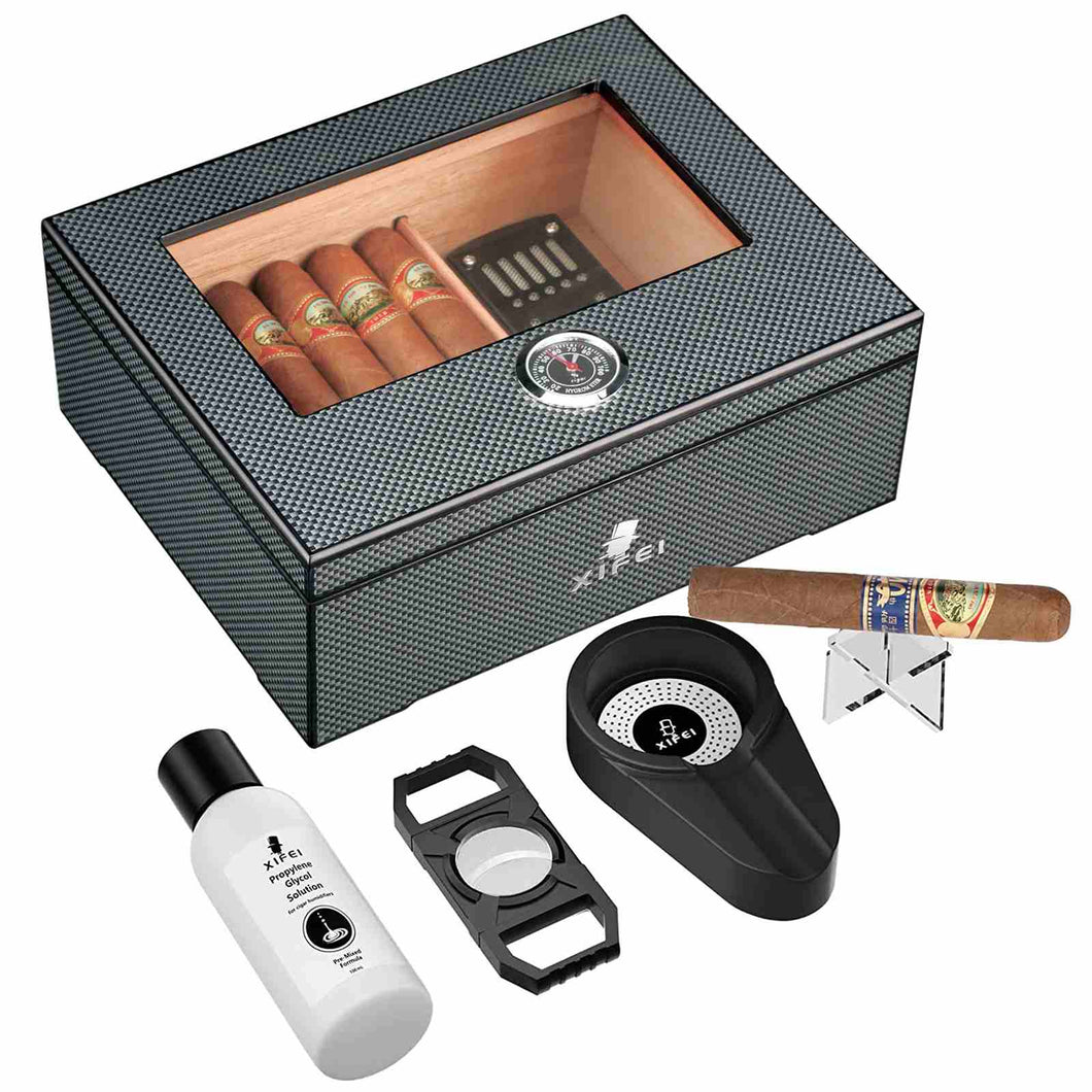 XIFEI Cigar Humidor, Glass Top carbon fiber texture top inlay Hygrometer,including Cigar humidifier, acrylic Cigar stand,Cigar ashtray and Humidor Solution, Holds 25-50 Cigars (9*7.5*3.8IN)