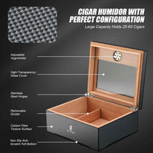 Load image into Gallery viewer, XIFEI Cigar Humidor, Glass Top carbon fiber texture top inlay Hygrometer,including Cigar humidifier, acrylic Cigar stand,Cigar ashtray and Humidor Solution, Holds 25-50 Cigars (9*7.5*3.8IN)
