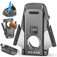 Load image into Gallery viewer, KEJIAR 4-in-1 Cigar Lighter, 2 Jet Flame Refillable Butane Torch Lighter, Built-in Punch, Guillotine Cigar Cutter, Cigar Stand
