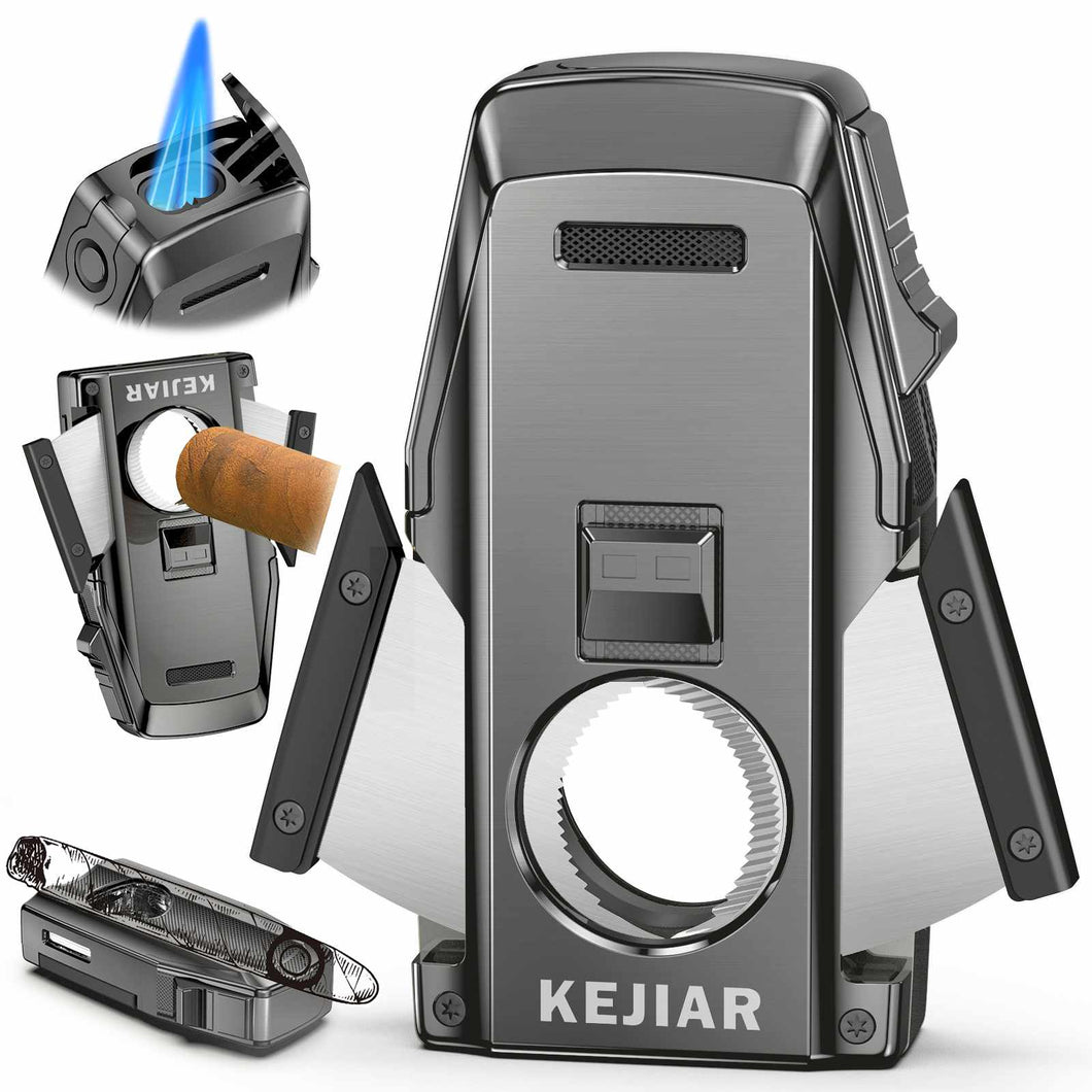 KEJIAR 4-in-1 Cigar Lighter, 2 Jet Flame Refillable Butane Torch Lighter, Built-in Punch, Guillotine Cigar Cutter, Cigar Stand