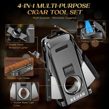 Load image into Gallery viewer, KEJIAR 4-in-1 Cigar Lighter, 2 Jet Flame Refillable Butane Torch Lighter, Built-in Punch, Guillotine Cigar Cutter, Cigar Stand
