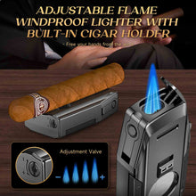 Load image into Gallery viewer, KEJIAR 4-in-1 Cigar Lighter, 2 Jet Flame Refillable Butane Torch Lighter, Built-in Punch, Guillotine Cigar Cutter, Cigar Stand
