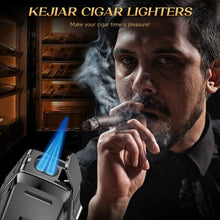 Load image into Gallery viewer, KEJIAR 4-in-1 Cigar Lighter, 2 Jet Flame Refillable Butane Torch Lighter, Built-in Punch, Guillotine Cigar Cutter, Cigar Stand
