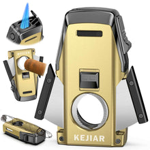 Load image into Gallery viewer, KEJIAR 4-in-1 Cigar Lighter, 2 Jet Flame Refillable Butane Torch Lighter, Built-in Punch, Guillotine Cigar Cutter, Cigar Stand
