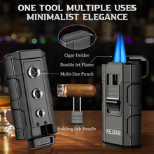 Load image into Gallery viewer, KEJIAR 4-in-1 Cigar Lighter, 2 Jet Flame Refillable Butane Torch Lighter, 3-Size Cigar Punch Cutter, Nubber &amp; Stand, Ideal Gift for Men
