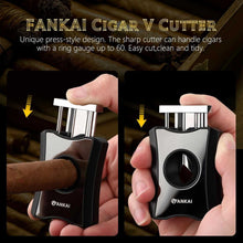 Load image into Gallery viewer, FANKAI Cigar V Cutter with Cigar Punch, Cigar Stand, Sharp Stainless Steel Blade, Cutting Up to 60 Ring Gauge Cigars
