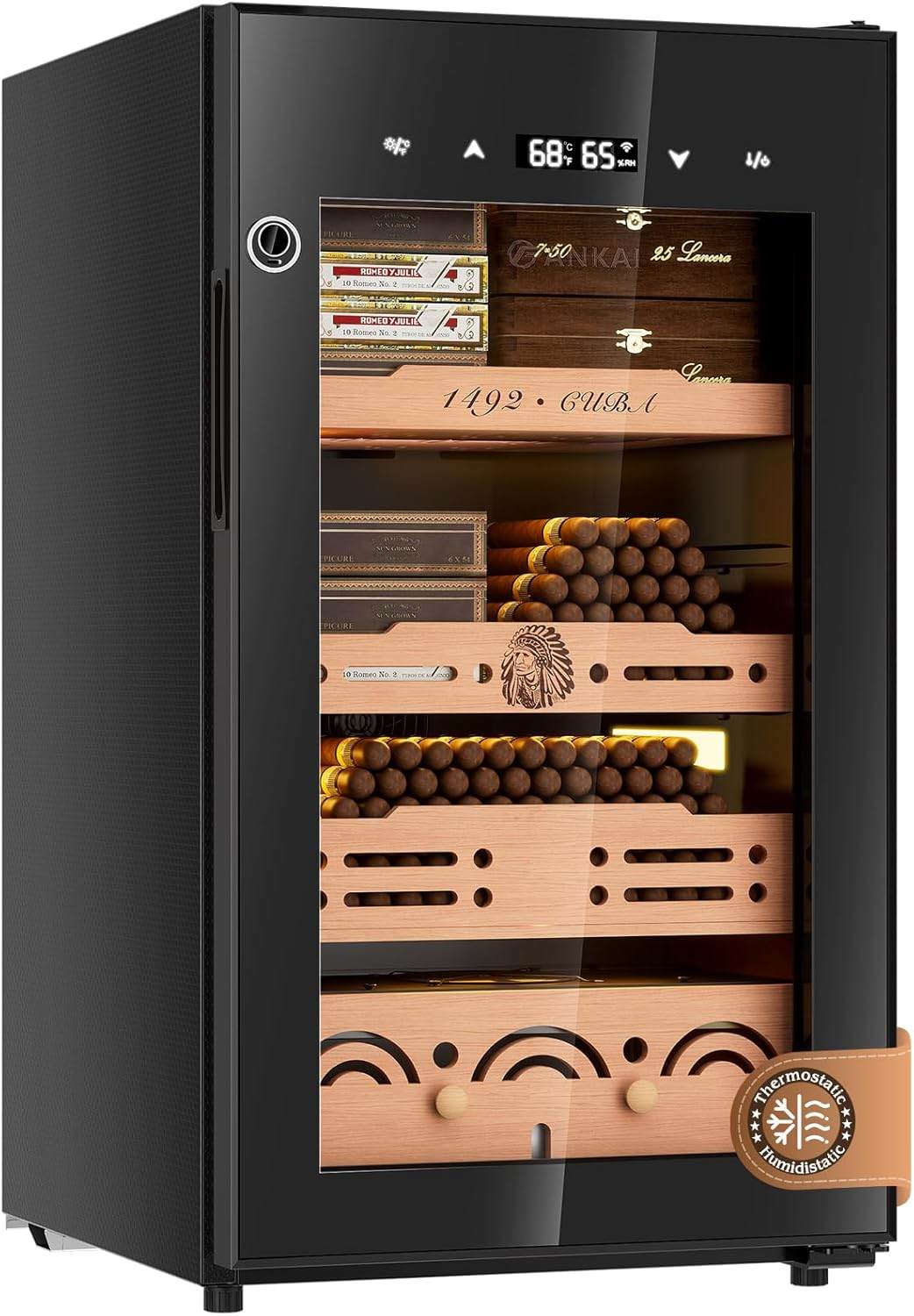 FANKAI 75L Electric Humidor Cabinet Holds Up to 600 Cigars, Variable Humidity and Temperature Controls, Digital Touch Screen, Fingerprint Safty Lock, 3 Removable Cedar Wood Drawer Shelves