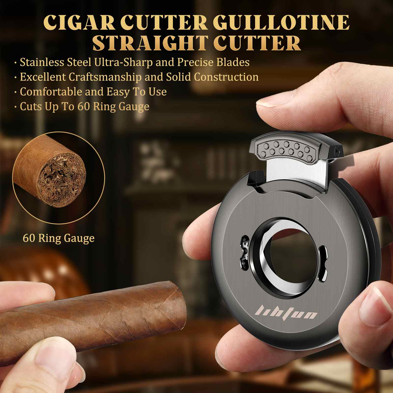 LIHTUN 2-in-1 Cigar Cutter, Gear Guillotine Cutter with Built in Cigar  Holder, Stainless Steel Blades, Cuts Up to 60 Ring Gauge Cigars