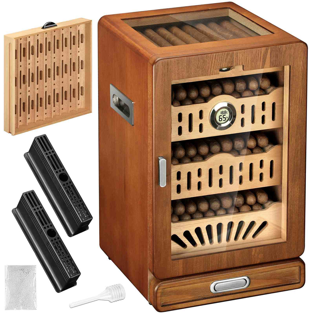 LIHTUN Glass Top Humidor Cabinet Holds Up to 150 Cigars, Desktop Cigar Humidor with 4 Spanish Cedar Wood Shelves and 1 Accessories Drawer, 1 Digital Hygrometer Thermometer, 2 Humidifiers