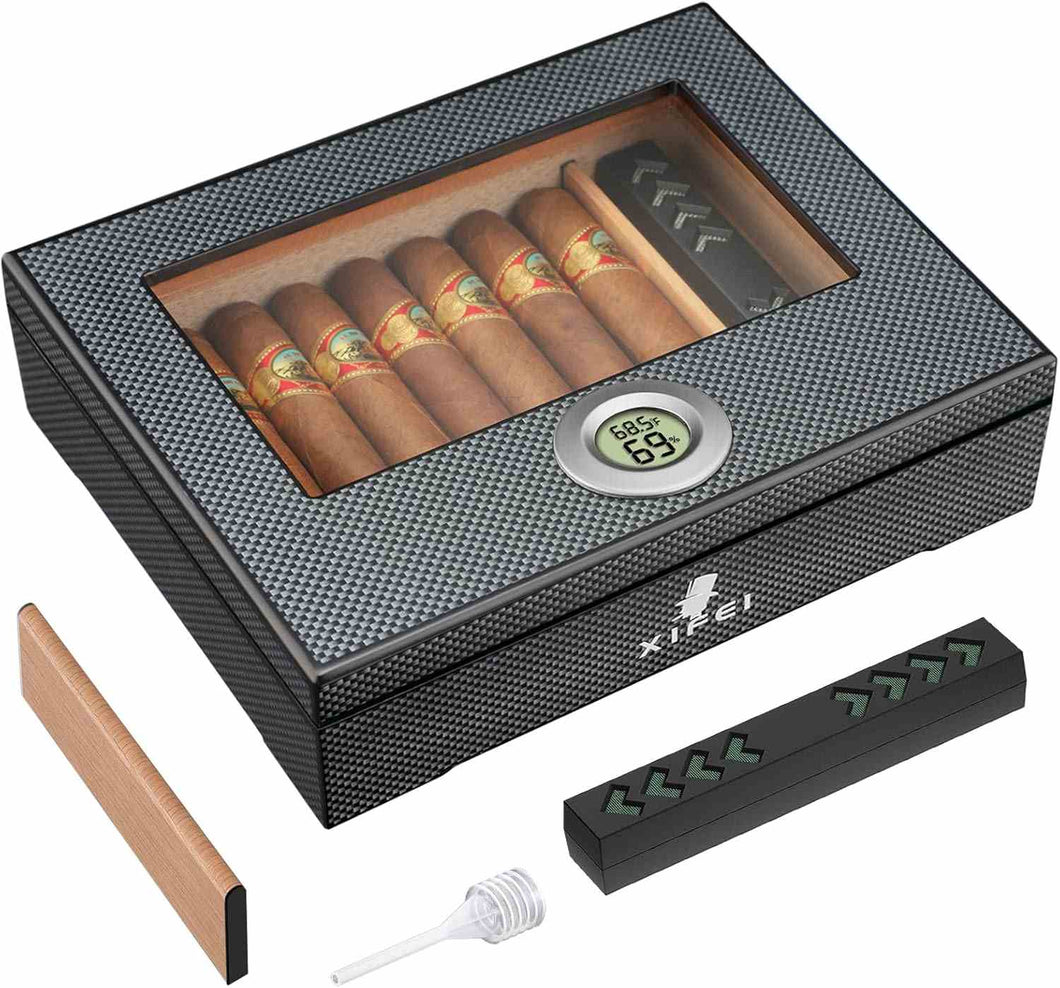 XIFEI Cigar Humidor, Glass Top Carbon Fiber Texture with Hygrometer, Including Cigar Humidifier, Divider, Cedar Wood Humidor Box Holds 20-30 Cigars (9IN*7.5*2.8)