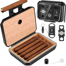 Load image into Gallery viewer, TISFA Travel Humidor Box for 5 Cigars, Includes 2 Multifunctional Cigar Cutters, Cigar Punch, Cigar Humidifier, Hygrometer, Portable Cedar Wood Lined Cigar Case
