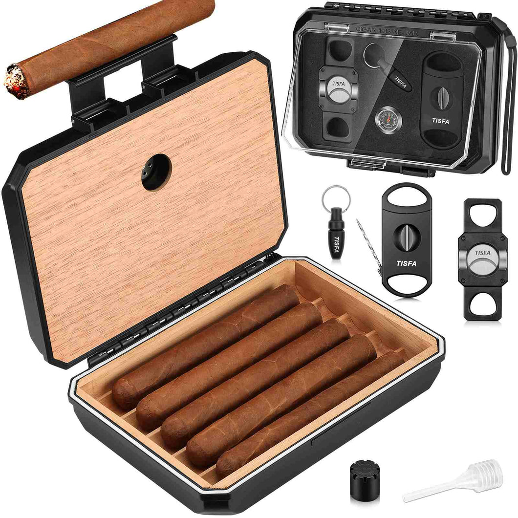 TISFA Travel Humidor Box for 5 Cigars, Includes 2 Multifunctional Cigar Cutters, Cigar Punch, Cigar Humidifier, Hygrometer, Portable Cedar Wood Lined Cigar Case