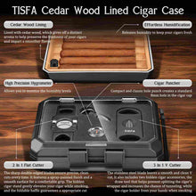 Load image into Gallery viewer, TISFA Travel Humidor Box for 5 Cigars, Includes 2 Multifunctional Cigar Cutters, Cigar Punch, Cigar Humidifier, Hygrometer, Portable Cedar Wood Lined Cigar Case
