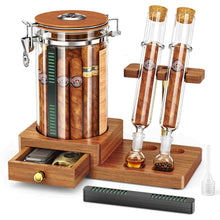 Load image into Gallery viewer, VALLUME Glass Humidor Jar with Dual Cigar Flavoring Tubes, Borosilicate Cigar Storage Case with Humidifier &amp; Hygrometer, Airtight Wooden Lid, Solid Wood Base with Drawer, Perfect Cigar Gift for Men
