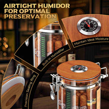 Load image into Gallery viewer, VALLUME Glass Humidor Jar with Dual Cigar Flavoring Tubes, Borosilicate Cigar Storage Case with Humidifier &amp; Hygrometer, Airtight Wooden Lid, Solid Wood Base with Drawer, Perfect Cigar Gift for Men

