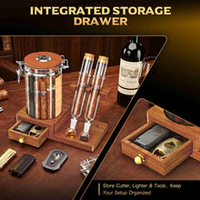 Load image into Gallery viewer, VALLUME Glass Humidor Jar with Dual Cigar Flavoring Tubes, Borosilicate Cigar Storage Case with Humidifier &amp; Hygrometer, Airtight Wooden Lid, Solid Wood Base with Drawer, Perfect Cigar Gift for Men
