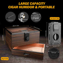 Load image into Gallery viewer, LIHTUN Cigar Humidor and Cigar Lighter Kit, Cedar Wood Cigar Case with Digital Hygrometer &amp; Lock, All In One Butane Lighter, Holds 60-80 Cigars

