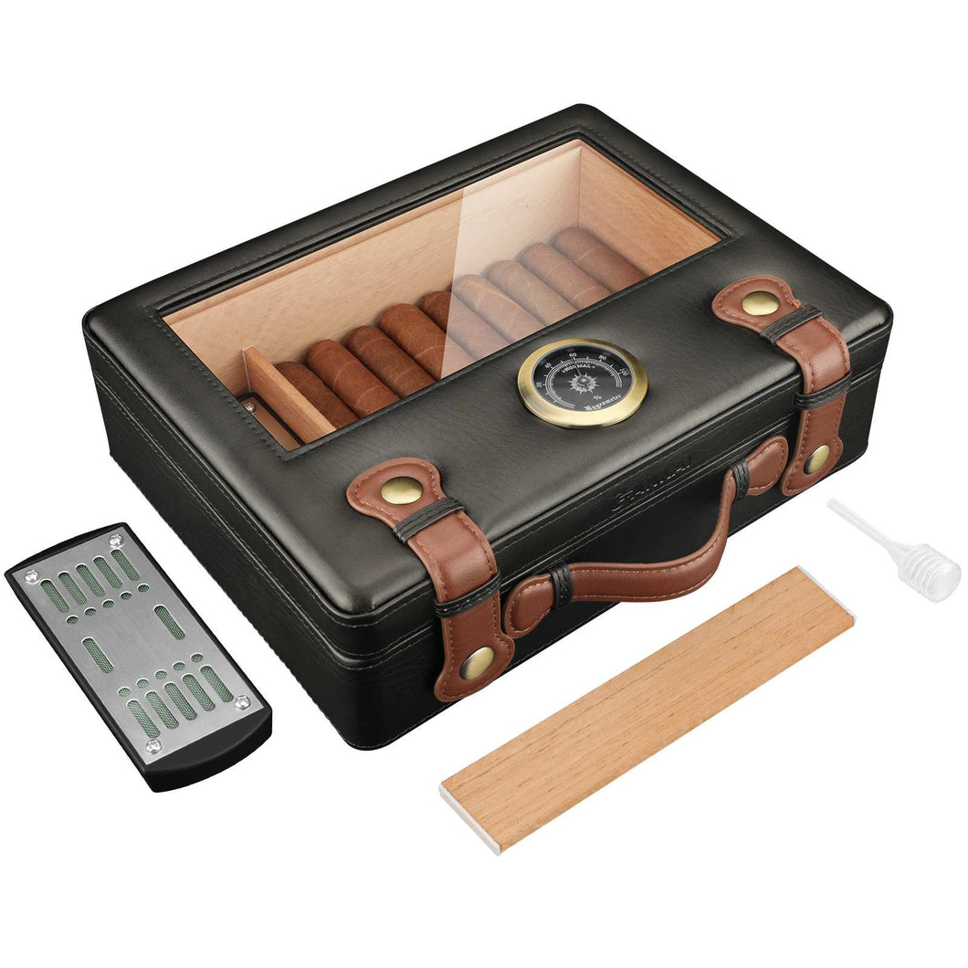 FANKAI PU Leather Travel Humidor with Hygrometer Humidifier, Glass Top Cedar Wood Storage Cigar Case with Divider, Holds Up to 50pcs Cigars