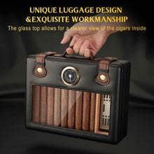 Load image into Gallery viewer, FANKAI PU Leather Travel Humidor with Hygrometer Humidifier, Glass Top Cedar Wood Storage Cigar Case with Divider, Holds Up to 50pcs Cigars
