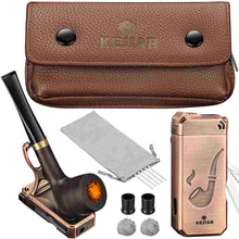 Load image into Gallery viewer, KEJIAR Pipe Set, Soft Flame Pipe Lighter with Stand Tamper Scraper Pick, Leather Pipe Bag for 2 Pipes, Handmade Wooden Pipe with 2 Filter Screen Balls,2 Pipe Bits,5 Pipe Cleaners
