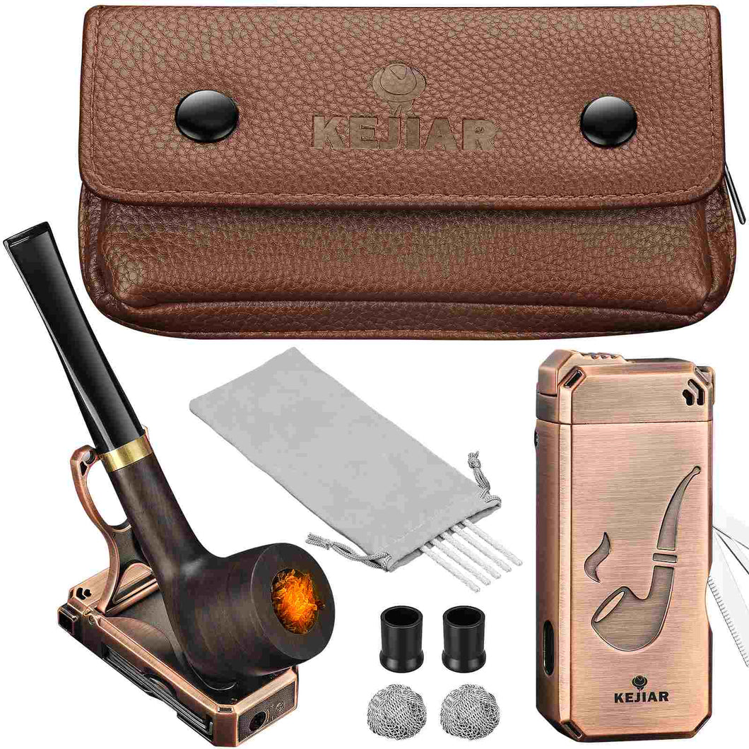 KEJIAR Pipe Set, Soft Flame Pipe Lighter with Stand Tamper Scraper Pick, Leather Pipe Bag for 2 Pipes, Handmade Wooden Pipe with 2 Filter Screen Balls,2 Pipe Bits,5 Pipe Cleaners