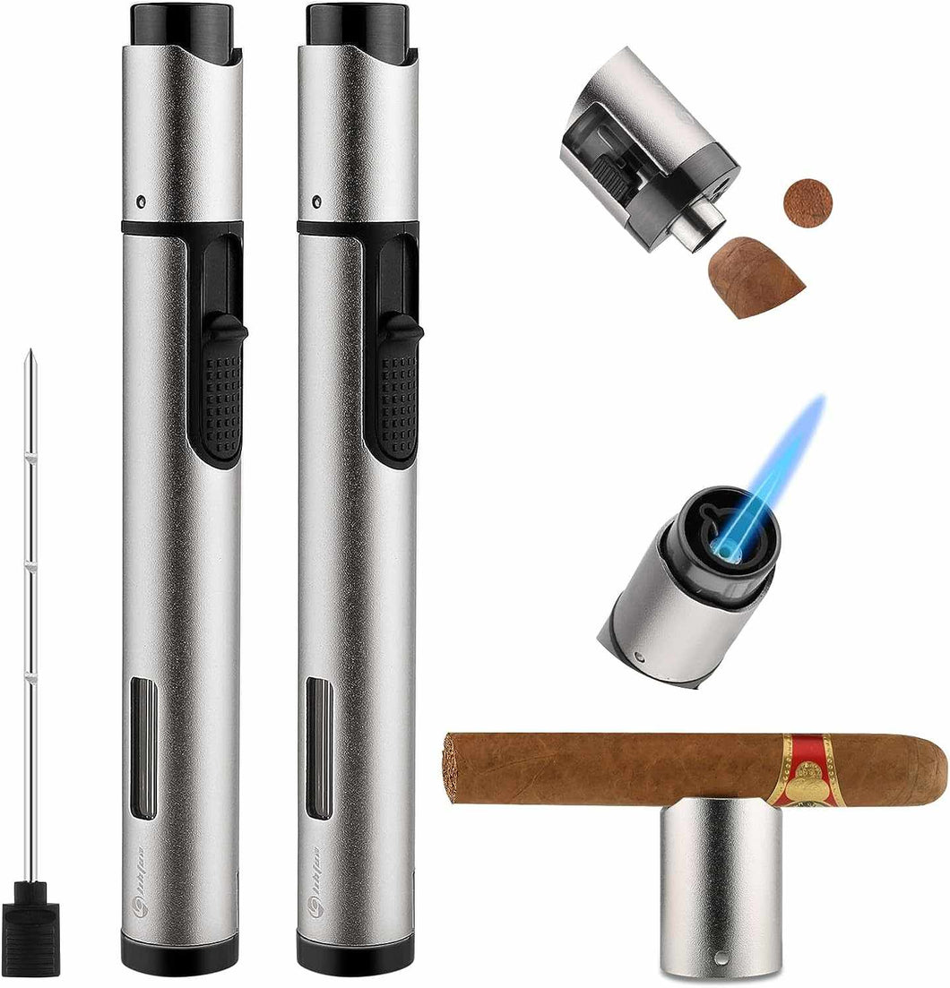 LIHTUN Cigar Torch Lighter 2Pack, Single Jet Flame, Cigar Holder, Cigar Punch, Cigar Draw Enhancer, Windproof Refillable Butane Lighters for Smoking (Butane Gas Not Included)