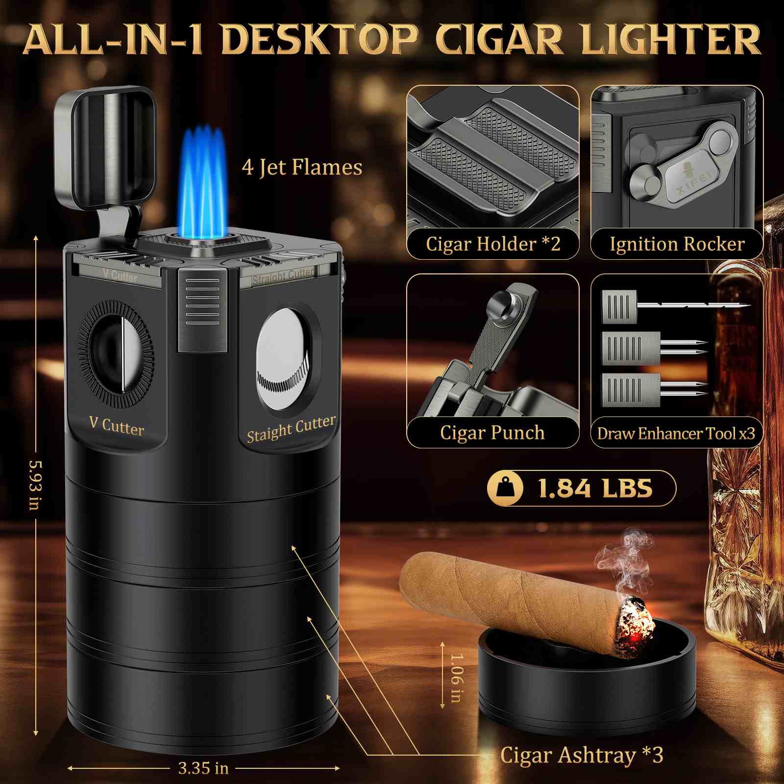 Table Top Enhancer XIFEI 8-in-1 Tabletop Cigar Lighter, 4 Jet Flame Refillable Butane Tor
