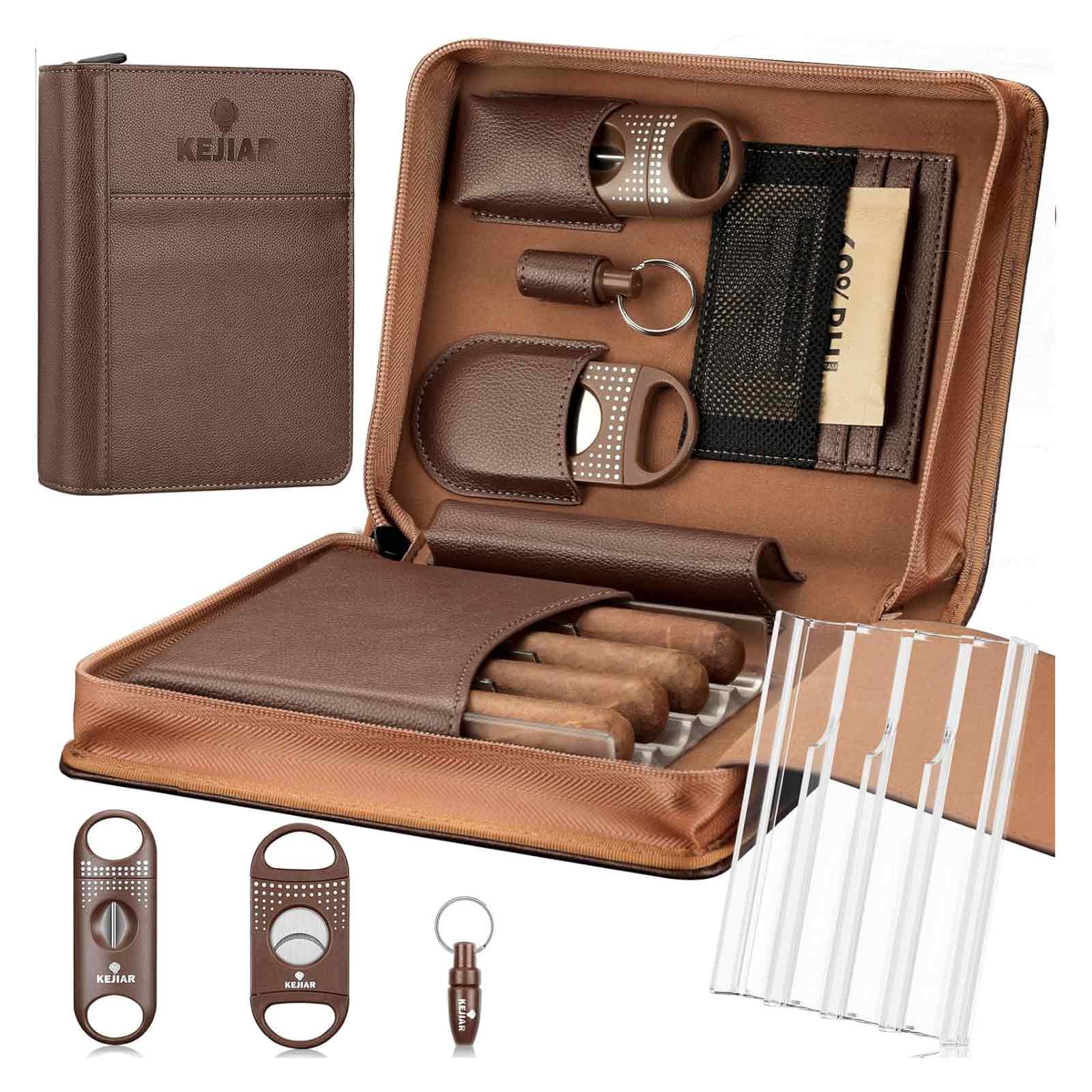 KEJIAR Travel Humidor Case with Cigar V Cutter, Straight Cigar Cutter, Cigar Punch, Cigar Humidifier Pack