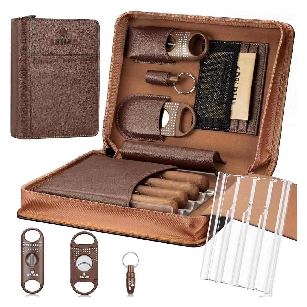 KEJIAR Travel Humidor Case with Cigar V Cutter, Straight Cigar Cutter, Cigar Punch, Cigar Humidifier Pack