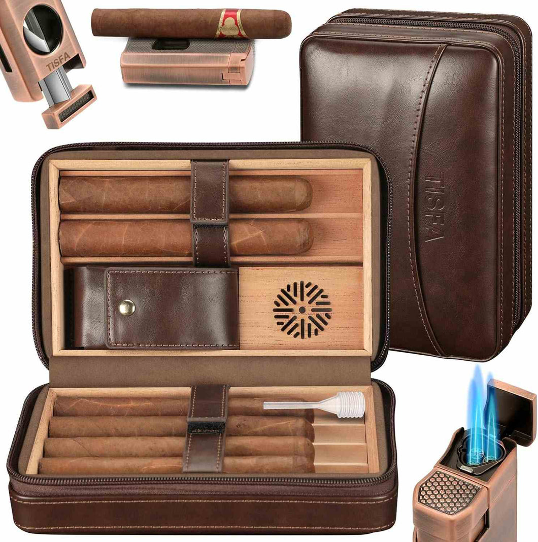 TISFA Cigar Humidor, Leather Cedar Wood Cigar Case with Cigar Lighter, V Cut Cigar Cutter, Cigar Holder 3 in 1, Portable Travel Cigar Humidor Box with Humidifier, Cigar Gift Set