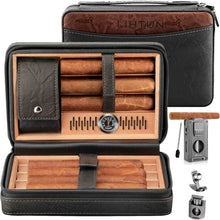 Load image into Gallery viewer, LIHTUN Cigar Humidor, Leather Cedar Wood Travel Cigar Case and Multifunctional 5-in-1 Cigar Lighter Set, Portable Humidor Box with hygrometer, Holds 7 Cigars
