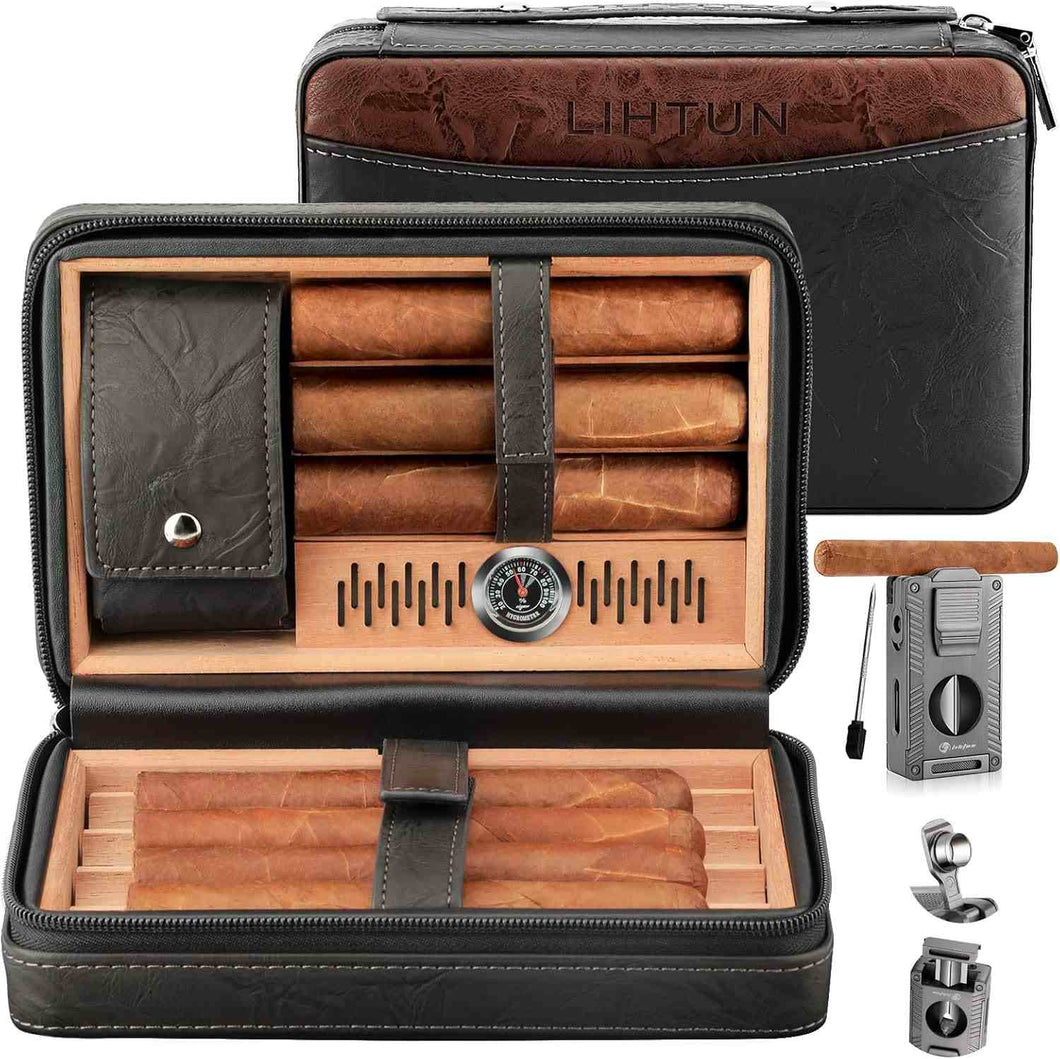 LIHTUN Cigar Humidor, Leather Cedar Wood Travel Cigar Case and Multifunctional 5-in-1 Cigar Lighter Set, Portable Humidor Box with hygrometer, Holds 7 Cigars