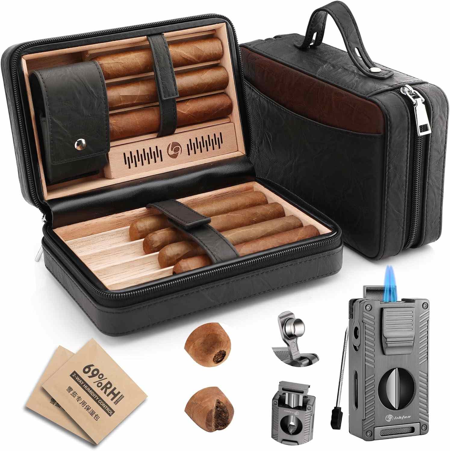 LIHTUN Cigar Humidor, Leather Cedar Wood Travel Cigar Case and Multifu ...