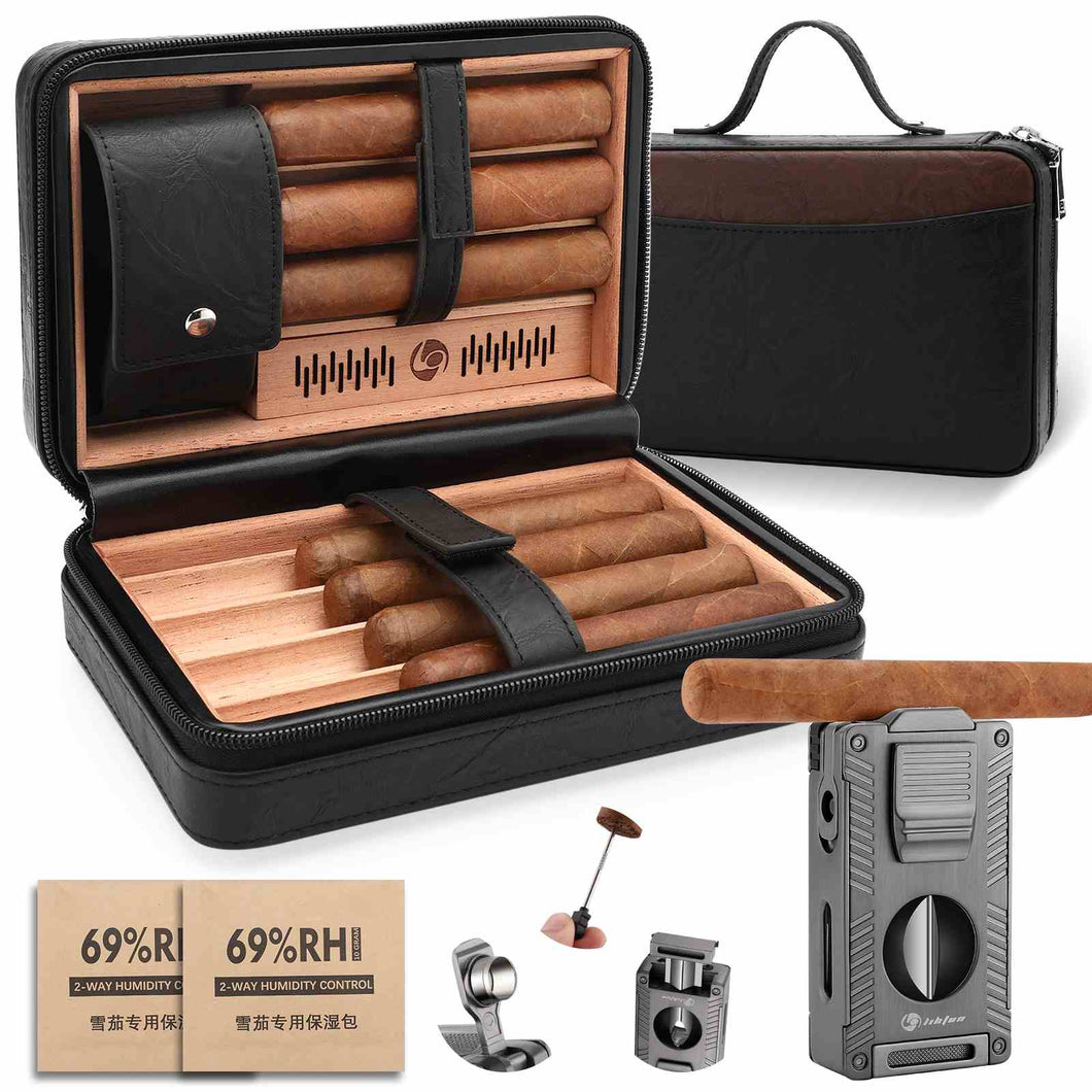 LIHTUN Cigar Humidor, Leather Cedar Wood Travel Cigar Case and Multifunctional 5-in-1 Cigar Lighter Set, Portable Humidor Box with 2 Two-Way Humidity Packs, Holds 7 Cigars